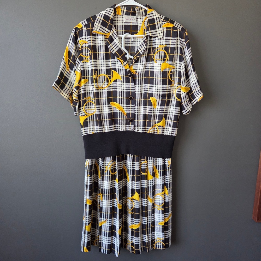 Adrianna Papell Vintage 100% Silk Wool Plaid‎ Horn Print 2 Piece Skirt Set Sz 10